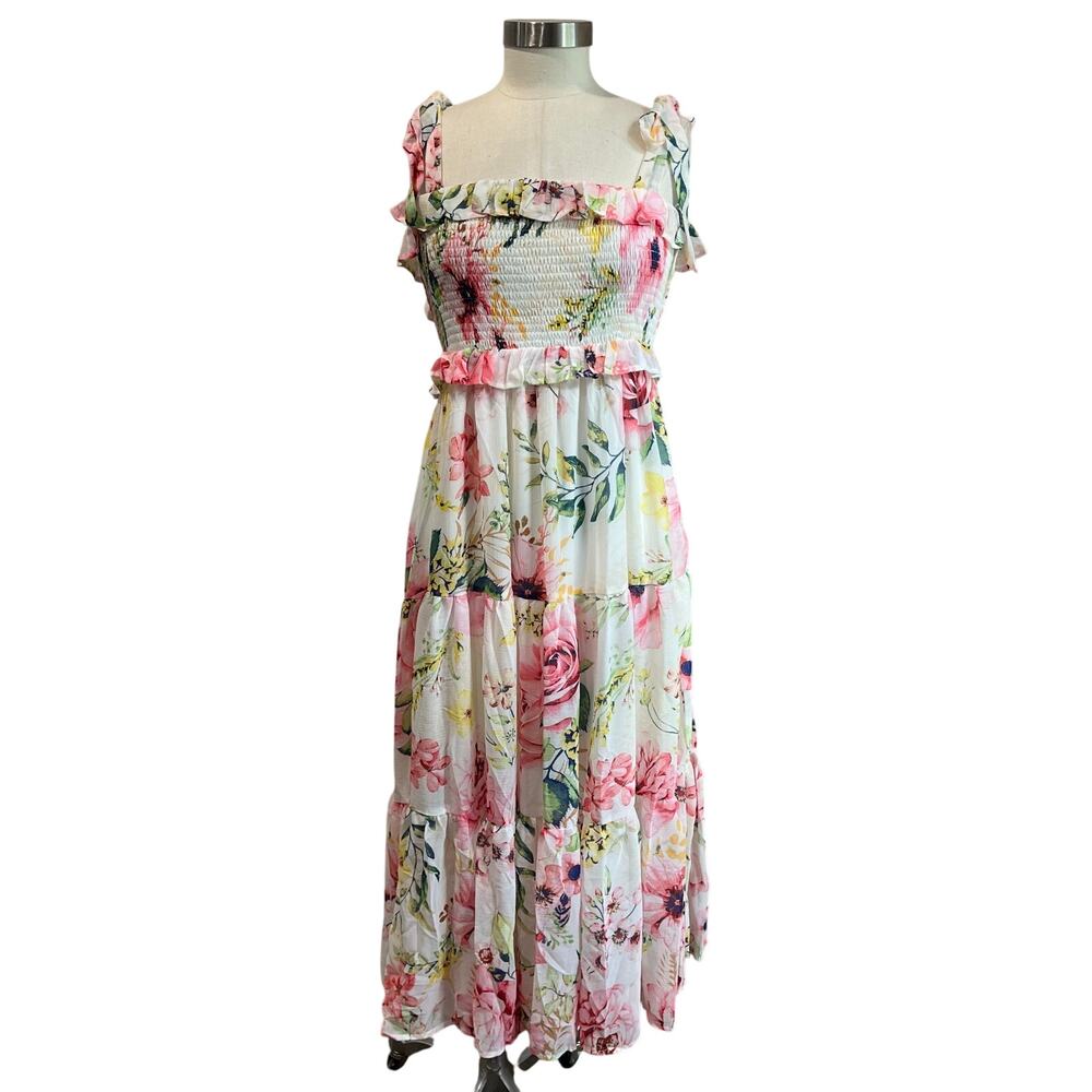 Flying Tomato Floral Maxi Dress Smocked Bodice Tie Straps Midi Sundress Sz L